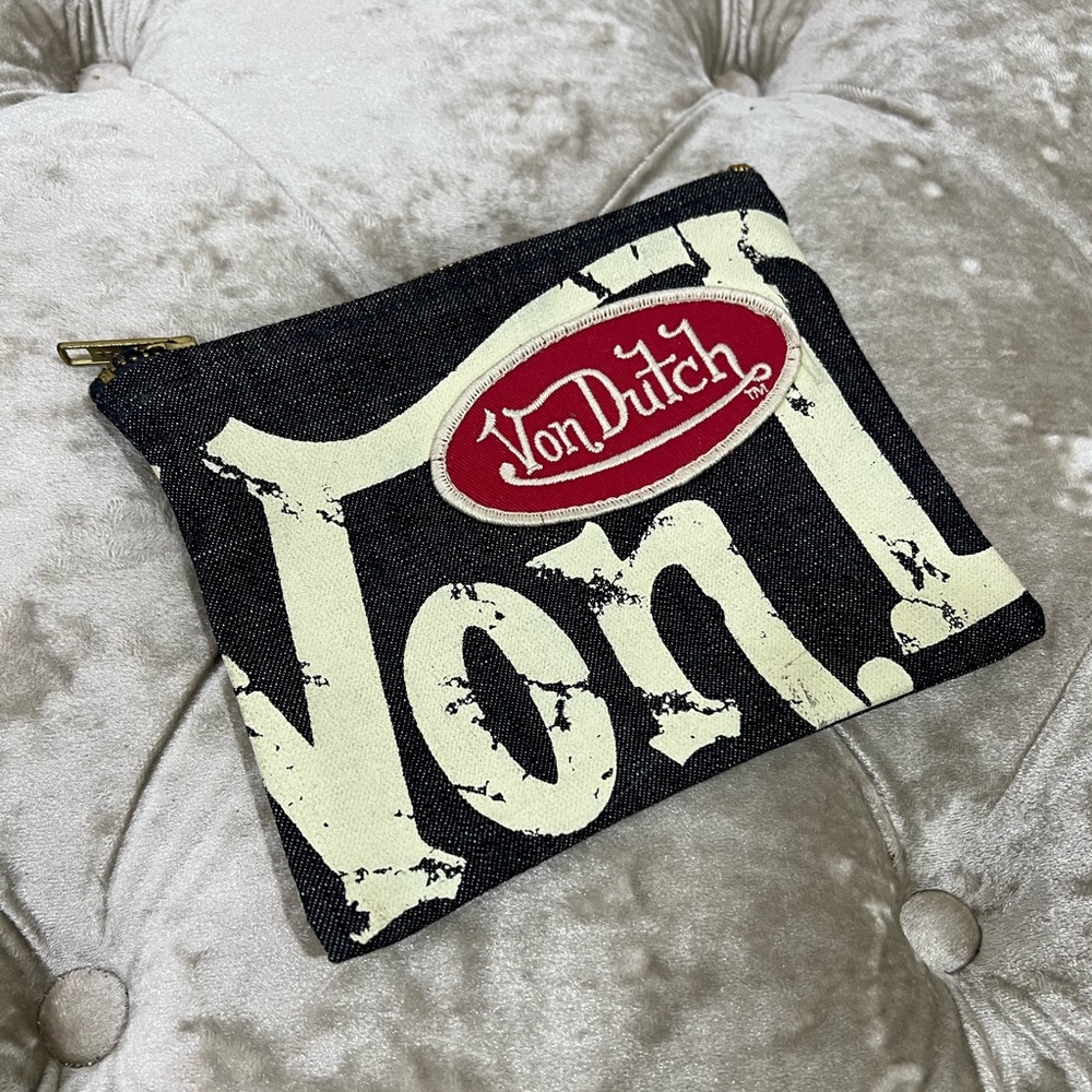 Von Dutch Mini Denim Bag Brass Zipper Large Logo Print & Red VD Embroidery Patch